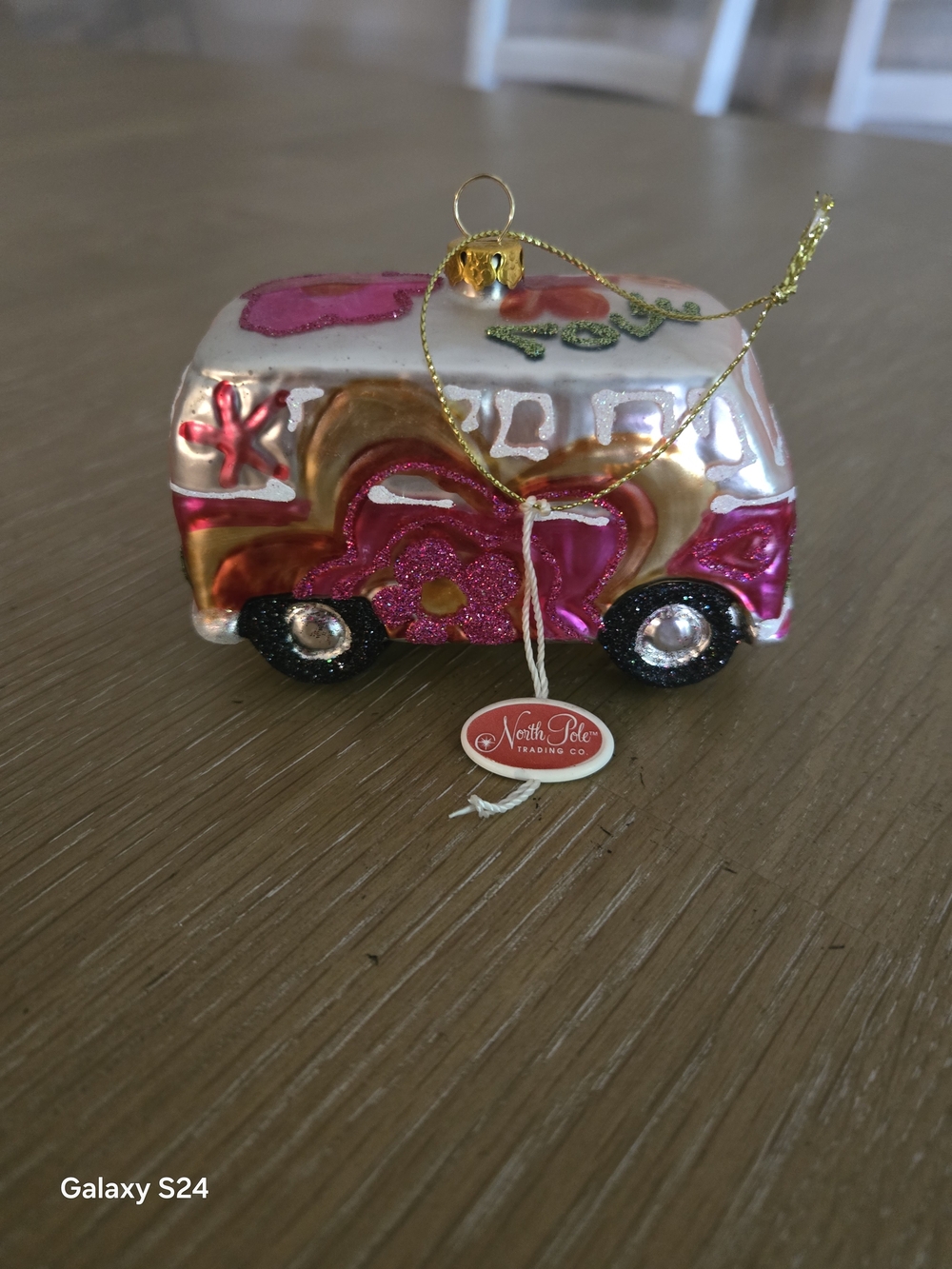 North Pole Trading Co. Pink Floral Hippie Van Camper Glass Ornament 2010